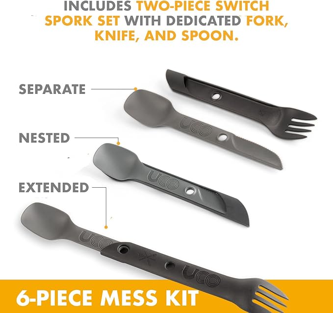 UCO 6-Piece Camping Mess Kit with Bowl, Plate, Camp Cup, and Switch Spork Utensil Set