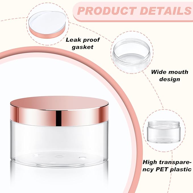 Dandat 24 Pcs 8 oz Plastic Jar Container with Lid and Label Refillable Empty Round Clear with Rose Gold PET Cosmetic Sample Containers for Lotion, Cream, Ointments, Body Butter, Makeup, Travel Storage