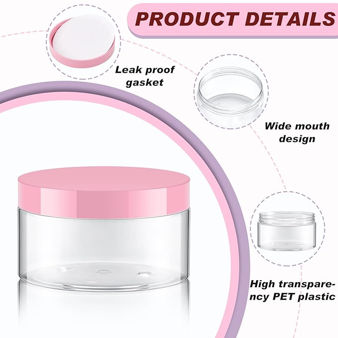 Dandat 24 Pcs 8 oz Plastic Jar Container with Lid and Label Refillable Empty Round Clear with Pink PET Cosmetic Sample Containers for Lotion, Cream, Ointments, Body Butter, Makeup, Travel Storage