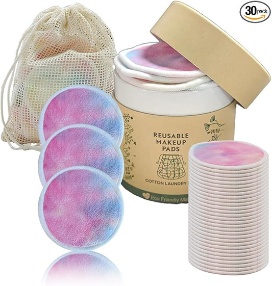 30 Pack Reusable Makeup Remover Pads with Laundry Bag and Round Box, Eco-Friendly and Suitable for All Skin Types, Washable Bamboo Reusable Cotton Rounds for Face Colourful