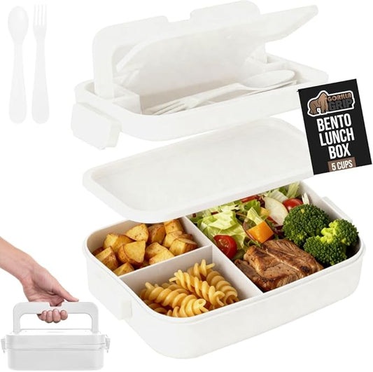 GORILLA GRIP BPA-Free Leakproof 3-Compartment Bento Lunch Box for Adults, Kids, Microwave Safe Hot and Cold Food Containers, Easy to Carry Lid Includes Built-In Utensils Set, Holds 5 Cups, White