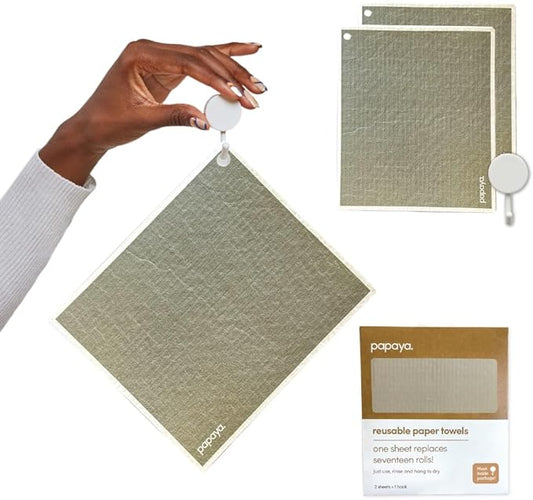 Papaya Reusable Paper Towels, Premium Swedish Dishcloths, Washable Reusable Dish Cloths, 1 Sheet Replaces 17 Rolls, Eco Friendly Stocking Stuffer - 2 Sheets, 1 Hook