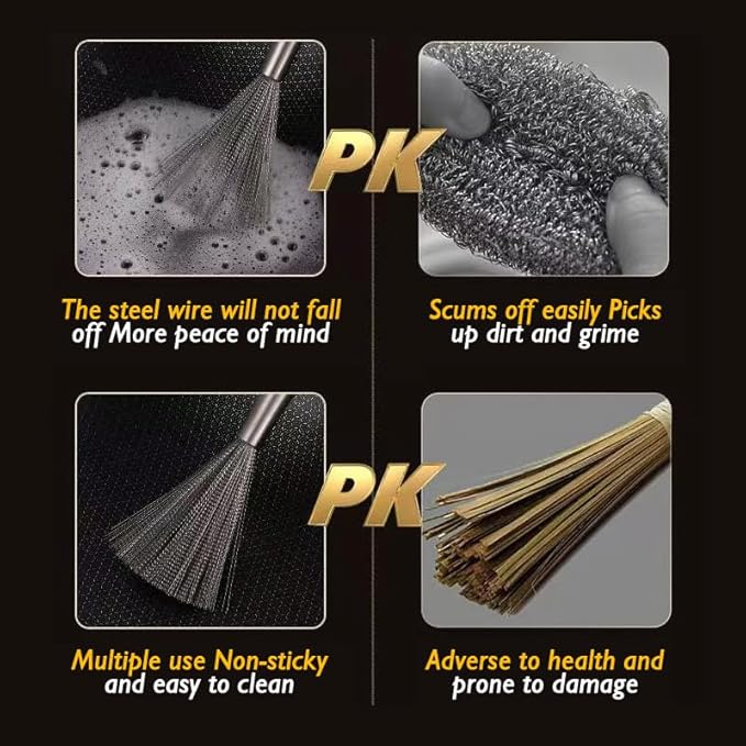 Stainless Steel Dish Brush with Handle, Metal Steel Wool Scrubber for Cast lron, Cookware, Pot(2 PCS)