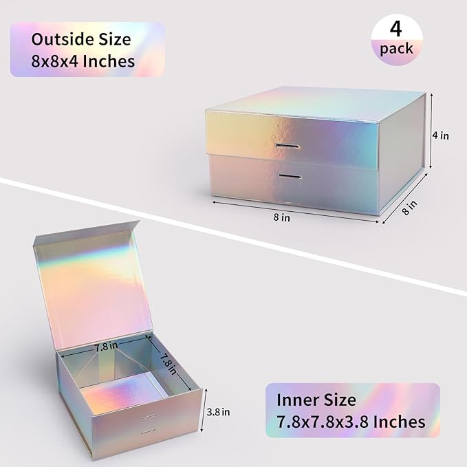 Giftgarden 4 Pack 8”x8”x4” Rainbow Silver Gift Boxes with Magnetic Lids, Collapsible Gift Wrap Box Magnet Clourse for Presents, Mothers Day, Birthday, Wedding, Bridesmaid Groomsman Proposal Box