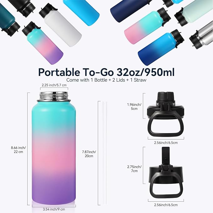 Neihepal 32 oz Insulated Water Bottles Bulk with 2 Lids (Straw & Spout Lid), Stainless Steel Double Wall Water Bottle, Keeps Cold 24H & Hot 12H (Gradient Color,4Pack)