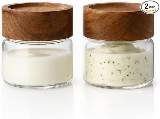 2-Pack 4 oz Leakproof Mason Jars with Airtight Acacia Wood Lids - Small Glass Food Storage Containers for Overnight Oats, Spices, Snacks, Kitchen Pantry Organization