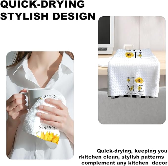 2Pcs Sunflower Kitchen Towels 24x14 Inch, Sunshine Bee Decor Hand Towels for Kitchen Farmhouse Decor, Durable Absorbent Dish Cloth Tea Towel, Sunflower Gifts for Women Mom Grandma, Bless Our Home