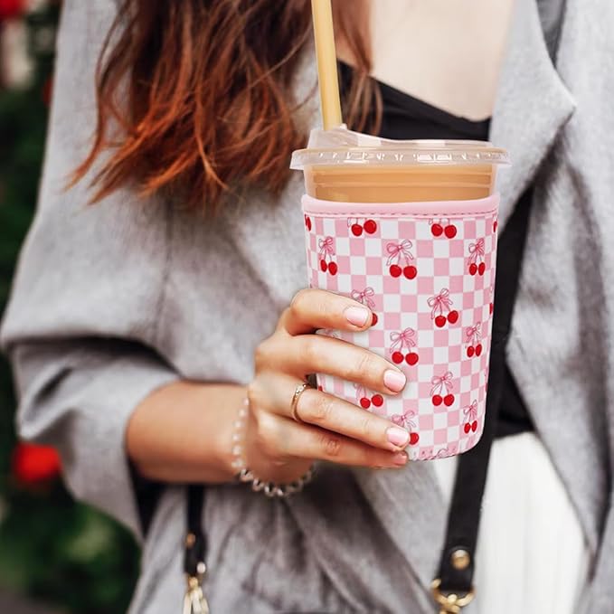 Reusable Insulated Neoprene Iced Coffee Cup Sleeve, Durable Drink Sleeve for Cold Beverages, Beverage Holder for Iced Coffee, Sweet Cherry