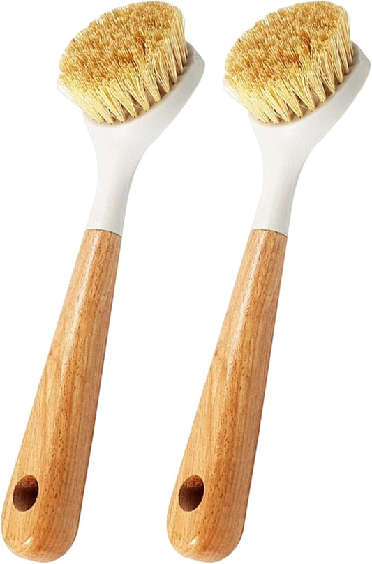 2Pcs Dish Brush with Handle Nylon Scrub Brush with Wooden Handle Hanging Hole Cleaning for Dishes Pots Cast Iron Skillet