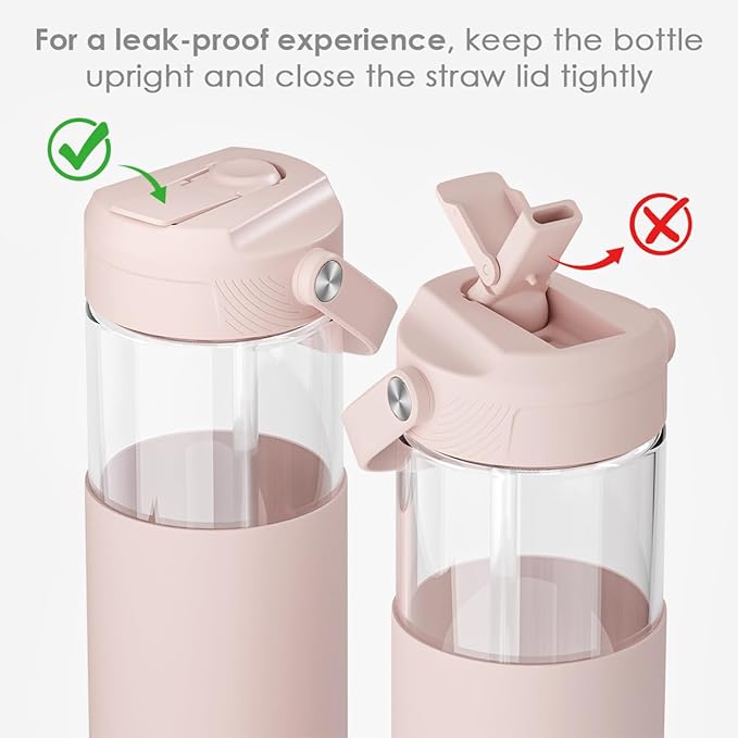 Glass Water Bottle with Silicone Sleeve and Straw Lid 20oz for Girls Women, Glass Drinking Bottles for Travel Home Gym Sports (Warm Sand)