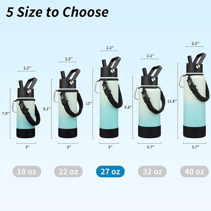 BJPKPK 27oz Insulated Water Bottles with 3 Lids, Paracord Handle & Non-slip Boot, Stainless Steel Metal Water Bottle with Straw, BPA Free Leak Proof Flasks, Tumblers,Mint