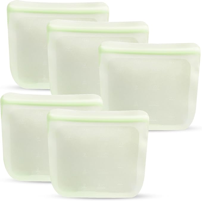 purifyou Set of 5 Reusable Silicone Storage Snack Bags 6oz / 16oz / 32oz / 64oz Self-Seal Food Storage Container for Fruits, Vegetables, Sandwiches, Dishwasher Safe & Leak-free (LimeCream, 646oz)