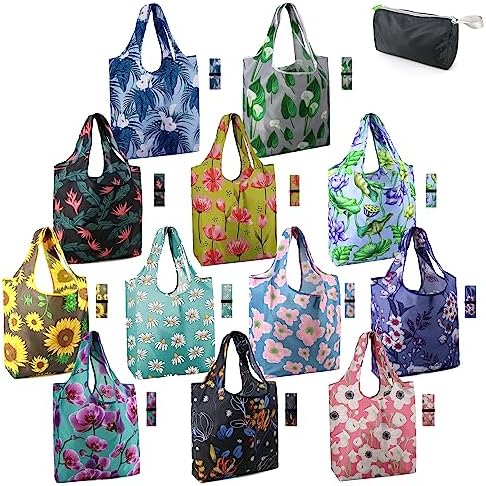 BeeGreen 12 Packs Flower Reusable Grocery Bags Reusable Tote Bags Extra Large 50LBS Cute Floral Design Foldable Reusable Bags for Women Men Lightweight Durable by BeeGreen