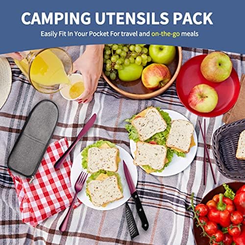 Logcow Travel Utensils Set with Case, 10-Piece Reusable Stainless Steel Camping Cutlery, Portable Fork Spoon Knife Chopsticks & Straw for Work, Lunch, Picnic (Purple) - Image 3