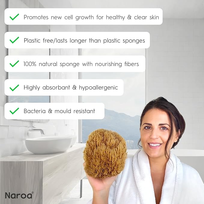 Naroa Exfoliating Natural Sponge for Shower Large | Bath Sea Loofah for Healthy Skin | Unbleached Bathing Body Scrubber Puff | Plastic Free (L)