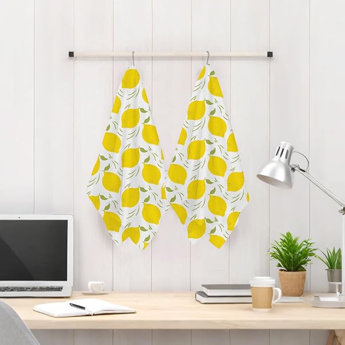 Jztco 2Pcs Lemon Kitchen Towels 24x14 Inch, Lemon Seamless Pattern Hand Towels for Kitchen Home Farmhouse Decor, Absorbent Microfiber Dish Cloth Tea Towel, Housewarming Gifts for Women