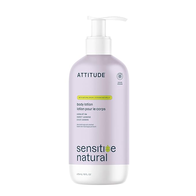 ATTITUDE Body Lotion for Sensitive Skin, EWG Verified, 98% Natural-Origin Moisturizer with Oat Extract, Vegan, Dermatologist-Tested, Hydrating Lotion for Dry Skin, Sweet Jasmine Scent, 16 Fl Oz