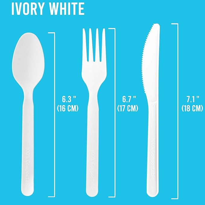 250 Count Large Compostable Forks Spoons Knives Flatware Set, White Heavy-duty Disposable Cutlery Eating Utensils (7 in.) BPI Certified