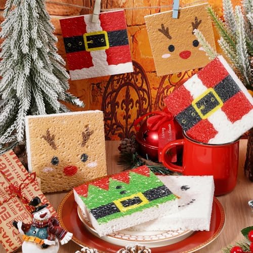 Whaline 8Pcs Christmas Character Kitchen Sponges Santa Reindeer Snowman Elf Water Absorbing Dish Washing Sponge Non Scratch Cleaning Scrub Sponges for Holiday Home Kitchen Bathroom - Image 4