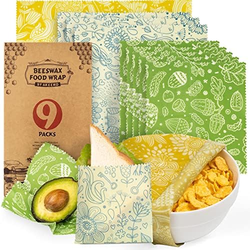 Akeeko Reusable Beeswax Food Wraps - Assorted 9 Packs, Reusable, Plastic-Free Food Storage, 5 Small, 3 Medium, 1 Large Wraps with Plants Pattern by Akeeko