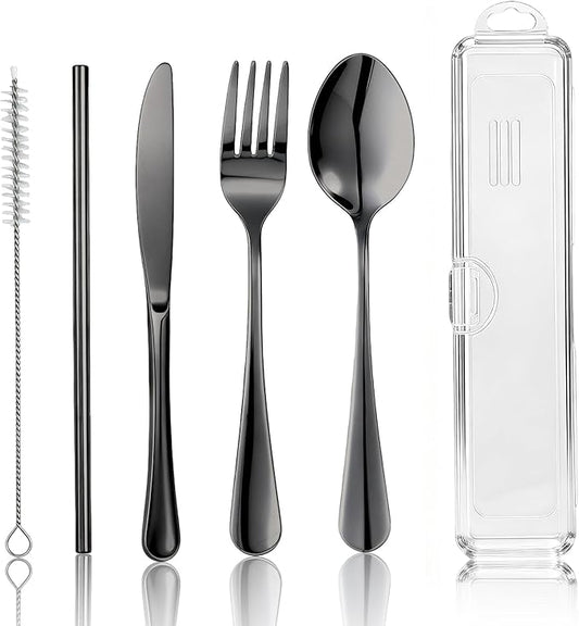 Travel Camping Utensils with Case, 6 Pcs Reusable Stainless Steel Silverware Cutlery Set, Spoon, Fork, Knife + Straw/Brush Kit for Camping, Travel, Office, Lunch Box, Eco On-the-Go (black)