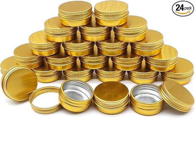 10ml Aluminum Tin Jar, 1/3 oz Makeup Container, 10g Aluminum Screw up Lid Small Round Container Bottle for Cosmetics Lip Balm Cream Toner Eyeshadow Candle Tea Beads, 24 Pack Gold Color Tins