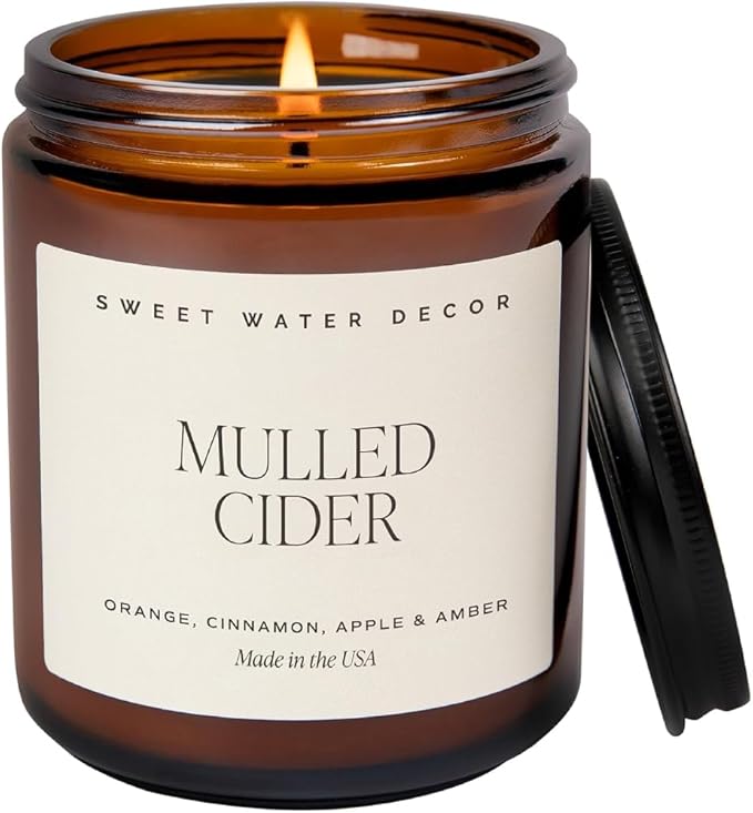 Sweet Water Decor Mulled Cider Candle - Fall Candles with Orange, Cinnamon, Apple, and Amber Scent for Home - Fall Soy Candle with 40 Hours Burn Time - 9Oz Black Lid Amber Jar Mulled Cider Scents