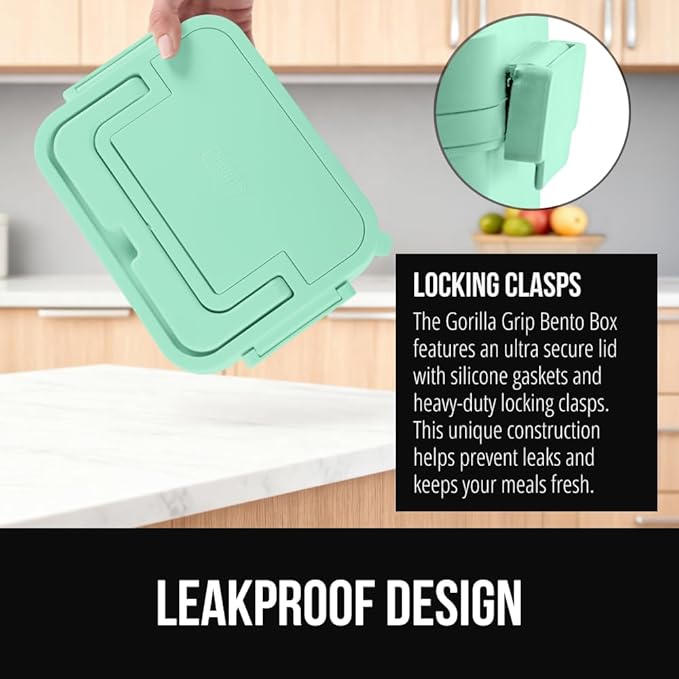 GORILLA GRIP BPA-Free Leakproof 3-Compartment Bento Lunch Box for Adults, Kids, Microwave Safe Hot and Cold Food Containers, Easy to Carry Lid Includes Built-In Utensils Set, Holds 5 Cups, Mint