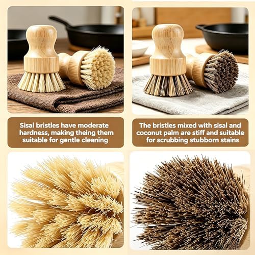 Bamboo Dish Brush Set with Palm and Sisal Bristles, 4 Pcs Natural Bamboo Dish Scrubber Brush for Kitchen Cleaning, Pots, Pans, Vegetables, Fruit - Image 6
