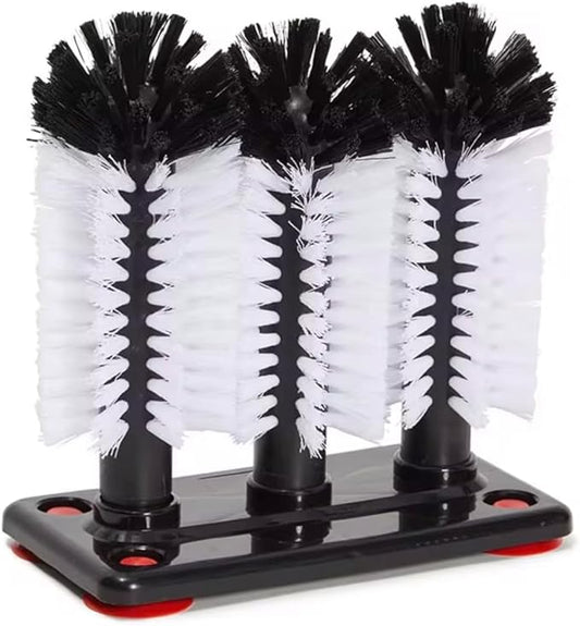 Nu-Foam Triple Glass Washing Brush, Bar Glassware Cleaner with Base, 3 Brushes, Black and White