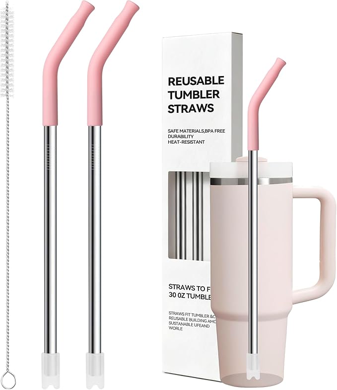 Metal Straw Reusable for Stanley 30 OZ Tumbler, 2 Pcs Long Stainless Steel Drinking Straws with Silicone Tip for STANLEY Quencher 30 oz Cups, 1 Straw Brush, BPA Free Dishwasher Safe(Light Pink)