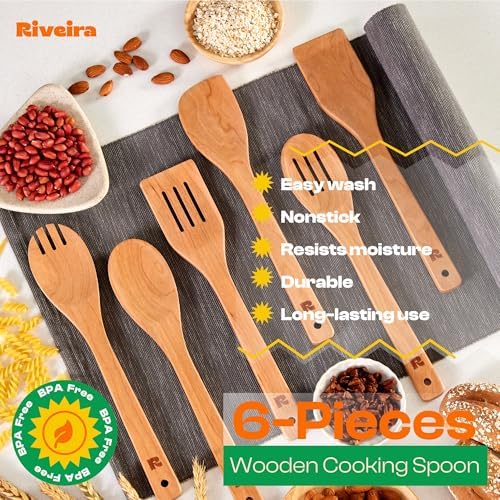 Riveira Cherry Wooden Spoons for Cooking Set of 6 – Natural Cherry Wooden Cooking Utensils, Wooden Spatula, Wooden Spoon - Premium Quality Utensil Set for Non-Toxic Cooking - Image 5