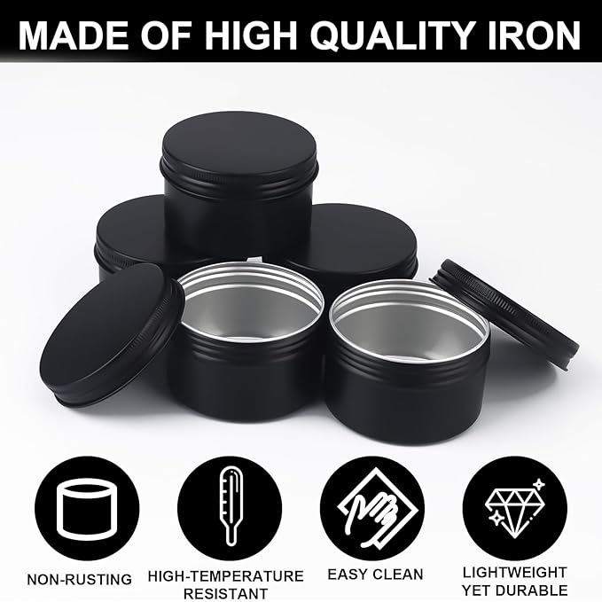 64 Pack Round Cans with Screw Lid 4 Oz Aluminum Metal Tins DIY Food Candle Containers for Lotion Bars, Balms, Salve, Spices, Beard Balm, Crafts with 4 Markers 2 Sheets Label Stickers (Black)