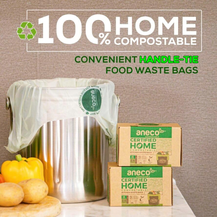 ANECO 100% Compostable Food Waste Bags 2.6 Gallon With Handles, 45 Count - Image 2