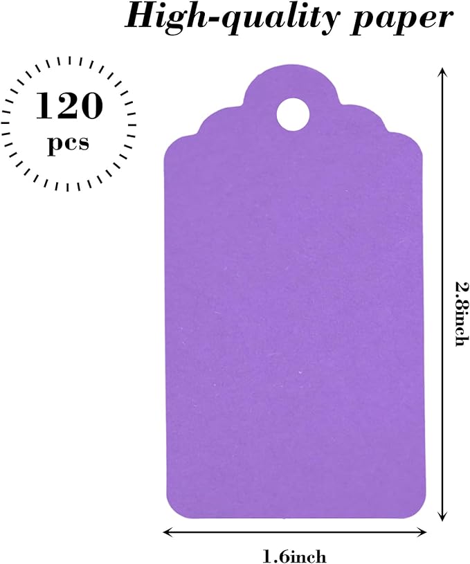 SallyFashion 120PCS Gift Tags with String Attached, 1.6 x 2.8 inch Purple Paper Tags for Wedding Birthday Gifts DIY