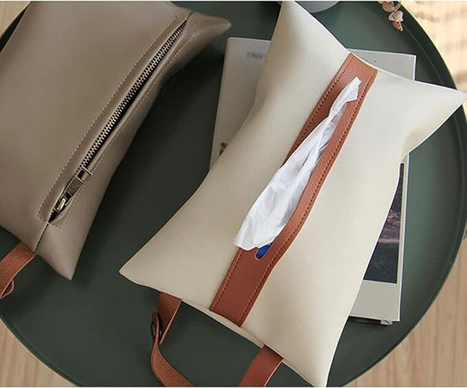 Tissues Box PU Leather Facial Paper Storage Case Rectangular Organizer Holder Decor with Hanging Strip for Kitchen Restaurant Countertops Bedroom Dressers Night Stands Desks (Beige)