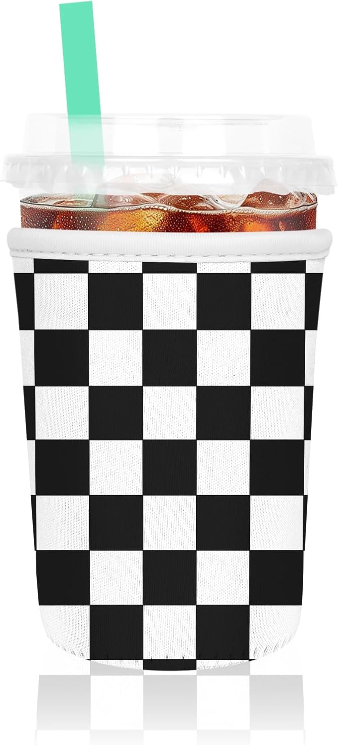 Iced Coffee Sleeve, Reusable Insulated Neoprene Cup Sleeve for Cold & Hot Drinks Beverages, Cup Holder for 16oz-18oz Coffee Cups, Black Plaid