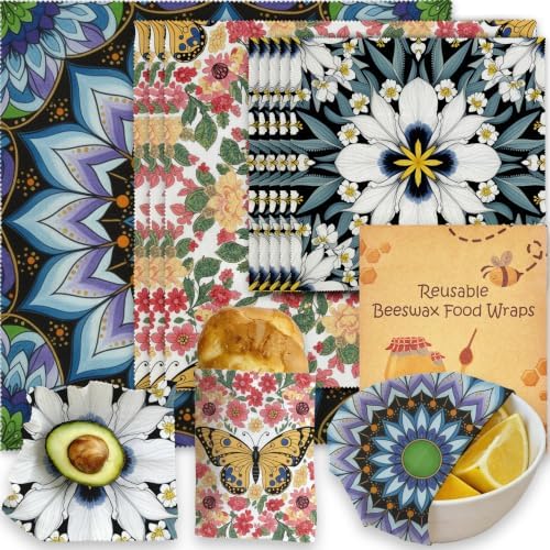 Reusable Beeswax Wrap, Floral & Butterfly Wraps, 9 Pack Eco-Friendly Beeswax Wraps For Food, Organic, Sustainable, Biodegradable, Zero Waste, Plastic-Free Storage, 1XL, 3M, 5S by Unknown