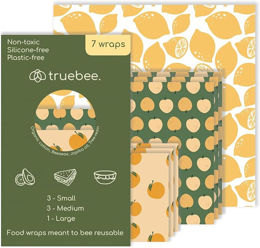 Truebee Reusable Beeswax Food Wraps 7-Pack – Non Toxic, Plastic Free, Silicone Free, Sustainable, Environmentally Friendly, Organic Cotton Beeswax Wraps (S, M, L)