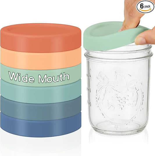6 Pcs Silicone Wide Mouth Lids Mason Jar Lids Thickened Leak Proof Lid for 86 mm All Wide Mouth Mason Jars, Reusable Large Canning Jar Caps(Vintage Color)