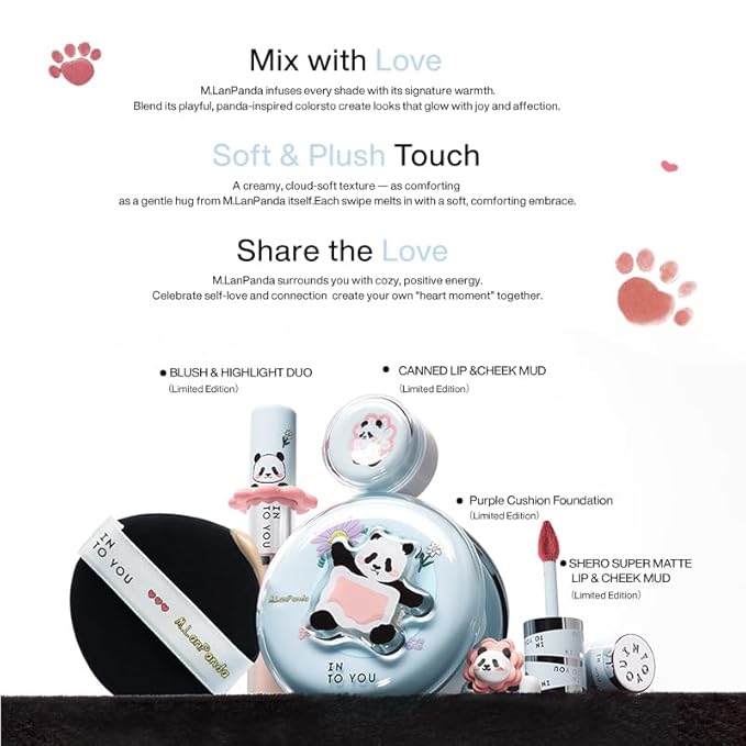 INTO YOU x M.Lan Panda The Color Mixer Set Limited Edition - 7 pieces Makeup Box Sets, Matte Lipstick + Canned Lip Mud + Blush & Highlight Duo + Cushion Foundation + Gift Bundle, L01 Set