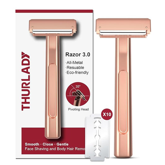 Razors for Women, Dual-Blade Safety Razor with Pivoting Head, Reusable Metal Shaving Razor, with 10 Double Edge Blades, Smooth Close Shave, Rose Glod