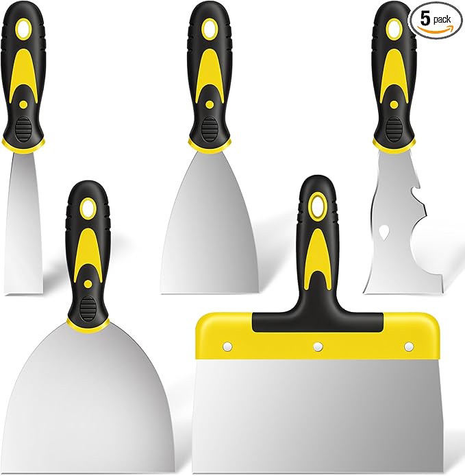 Spackle Knife Set, 5 PCS Stainless Steel Putty Knife Set Include 4 Paint Scrapers and 1 Multi Scraper Tool, Paint Scraper Tool for Drywall Decals (1.5" 3" 4" 6" 10")