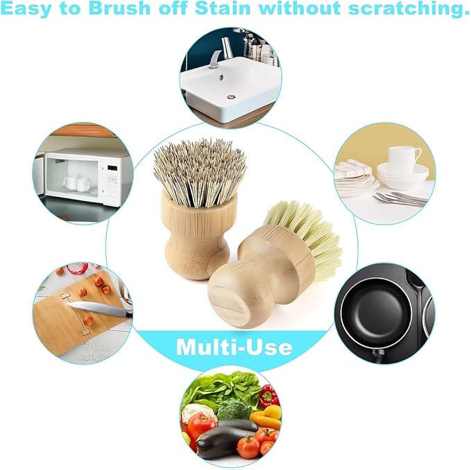 4 Pcs Bamboo Dish Brush Set – Natural Dish Scrubber with Ergonomic Handle, Durable Kitchen Cleaning Brush for Dishes, Pots & Pans – Sisal Bristles for Cast Iron