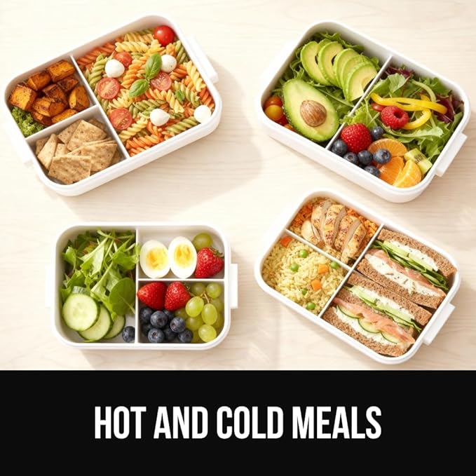 GORILLA GRIP BPA-Free Leakproof 3-Compartment Bento Lunch Box for Adults, Kids, Microwave Safe Hot and Cold Food Containers, Easy to Carry Lid Includes Built-In Utensils Set, Holds 5 Cups, White