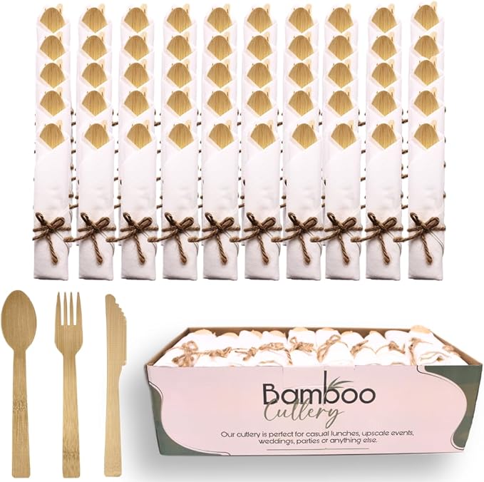 Premium Pre Rolled Bamboo Cutlery Set - 200 Pieces Natural Bamboo Cutlery - 50 Pack Compostable Utensils(50 Forks, 50 Knives, 50 Spoons, 50 Napkins), BIODEGRADABLE for Christmas, Gifting, Party