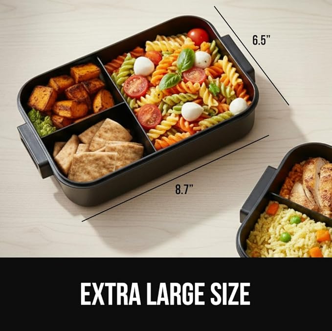 GORILLA GRIP BPA-Free Leakproof 5-Compartment Bento Lunch Box for Adults, Kids, Holds 10 Cups, Microwave Safe Hot and Cold Food Containers, Easy to Carry Lid Includes Built-In Utensils Set, Black