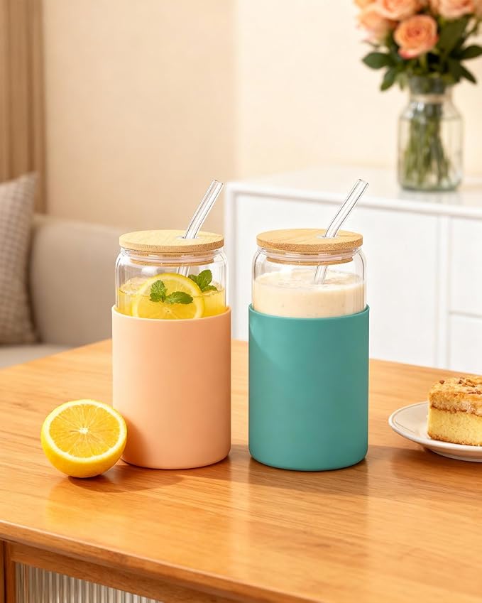 Glass Cups with Lids and Straws, 2 Pack 16OZ Iced Coffee Cups with Silicone Sleeve, Glass Tumbler with Straw and Bamboo Lid, Home Essential Drinking Set for Juice, Cocktail and Latte Khaki&Green