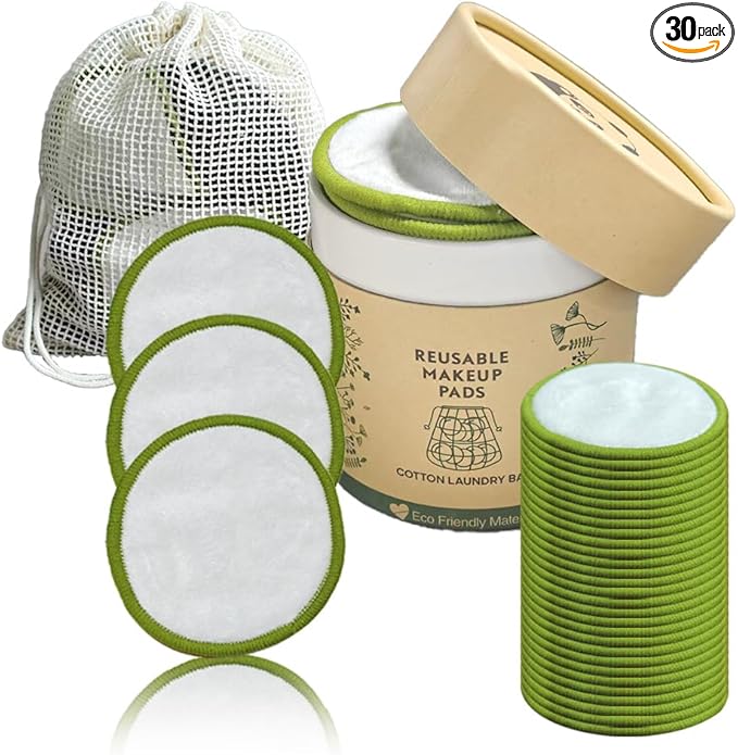 30 Pack Reusable Makeup Remover Pads with Laundry Bag and Round Box, Eco-Friendly and Suitable for All Skin Types, Washable Bamboo Reusable Cotton Rounds for Face Green