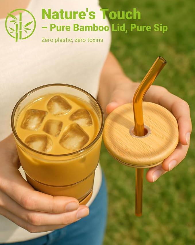 Zukro 13 oz Glass Iced Coffee Cups with Bamboo Lid and Straw for Office/Home/Work, Zero Plastic, Thick Wall Glass Water Tumbler With Silicone Bottom, Matcha Glasses, ECO Friendly, Amber 2 Pack